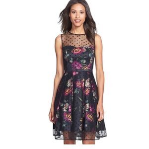 Eliza J Black Floral Fit and Flare Pleated Mesh Top Sleeveless  Party Dress sz 6